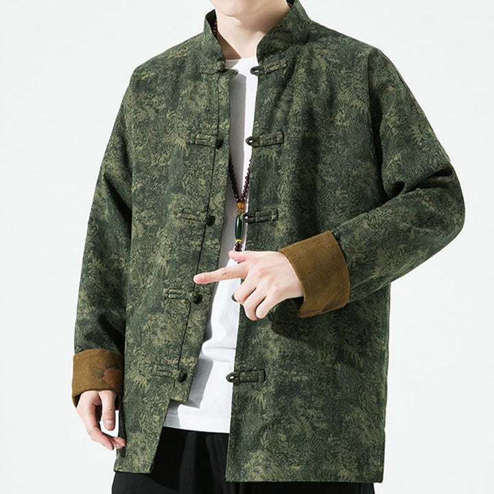 Chaqueta de algodón de manga larga para hombre con estampado floral primaveral y botones de rana chinos, con Buddha Stones. - image 3