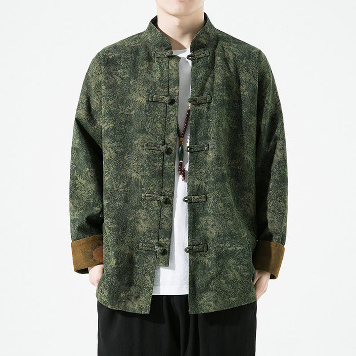 Chaqueta de algodón de manga larga para hombre con estampado floral primaveral y botones de rana chinos, con Buddha Stones. - Verde oscuro - US/UK/AU46, EU56 (5XL) - image 0