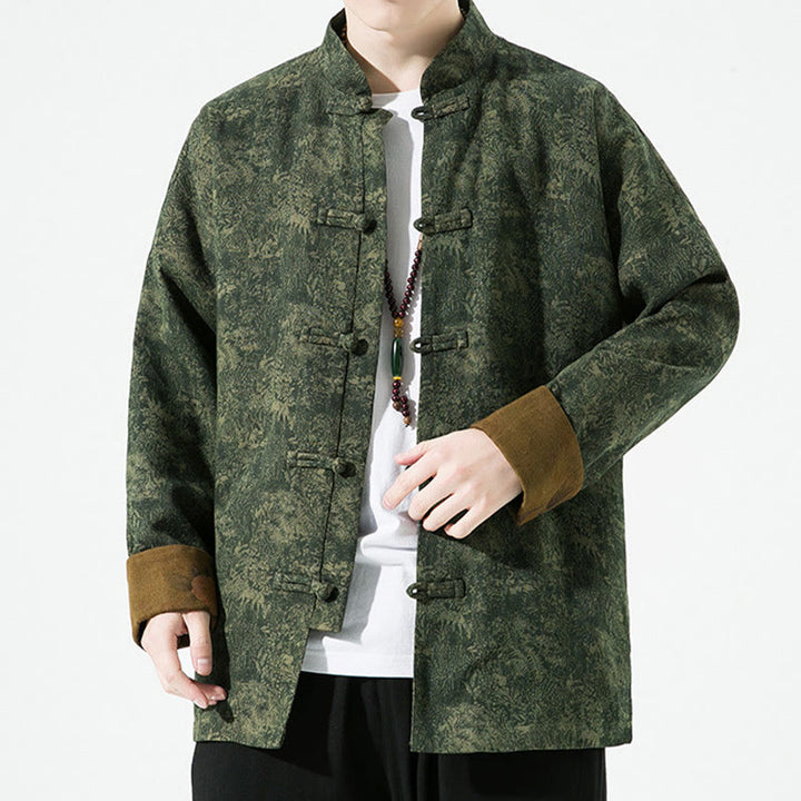 Chaqueta de algodón de manga larga para hombre con estampado floral primaveral y botones de rana chinos, con Buddha Stones. - image 5