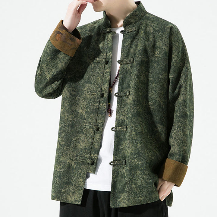 Chaqueta de algodón de manga larga para hombre con estampado floral primaveral y botones de rana chinos, con Buddha Stones. - image 1