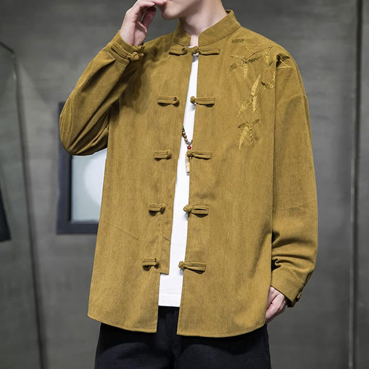 Chaqueta de pana de algodón de manga larga con botones de rana para hombre, bordada con Buddha Stones, estilo chino, de bambú, primavera - image 8