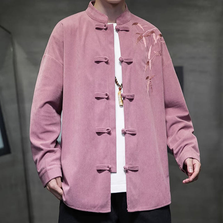 Chaqueta de pana de algodón de manga larga para hombre con bordado chino de bambú y Buddha Stones de primavera. - image 20