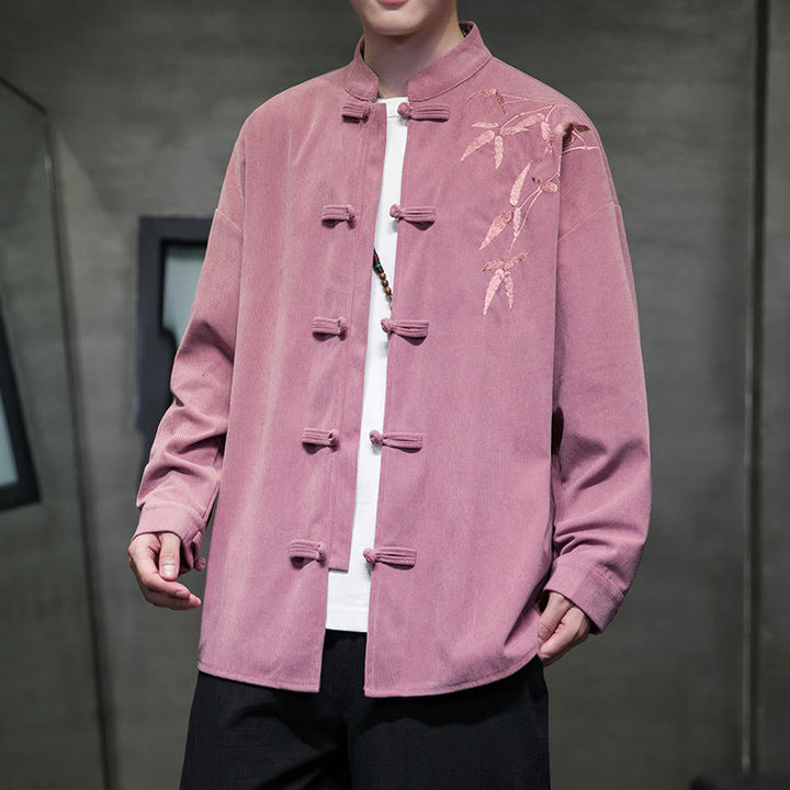 Chaqueta de pana de algodón de manga larga con botones de rana para hombre, bordada con Buddha Stones, estilo chino, de bambú, primavera - Rosa intenso - US/UK/AU48，EU58(5XL) - image 18