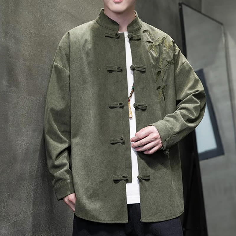 Chaqueta de pana de algodón de manga larga para hombre con bordado chino de bambú y Buddha Stones de primavera. - image 5