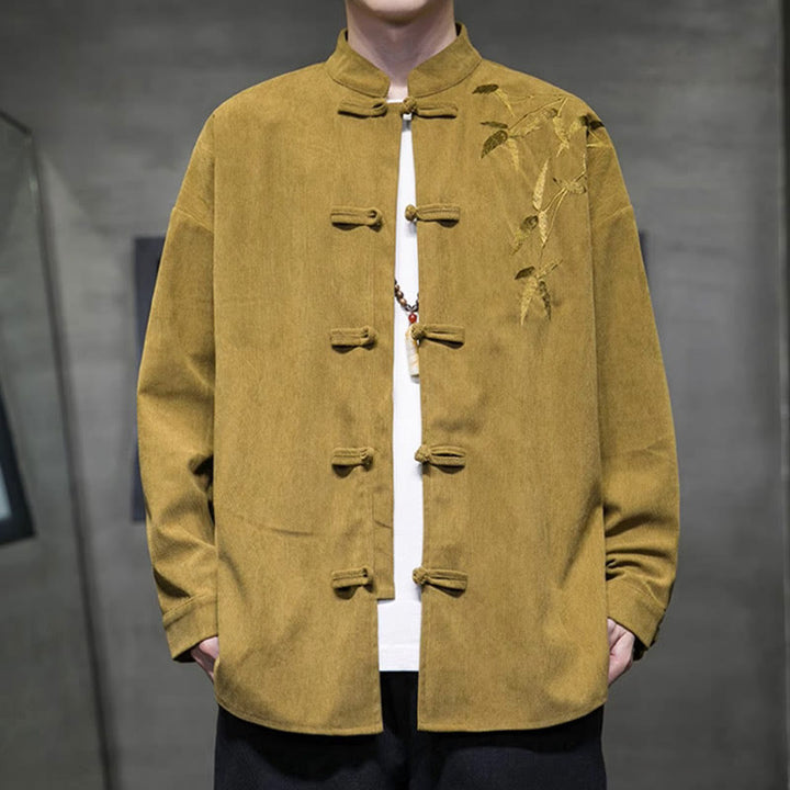 Chaqueta de pana de algodón de manga larga con botones de rana para hombre, bordada con Buddha Stones, estilo chino, de bambú, primavera - image 9