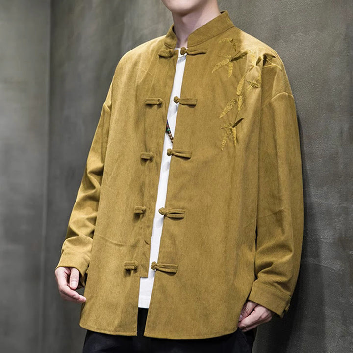 Chaqueta de pana de algodón de manga larga para hombre con bordado chino de bambú y Buddha Stones de primavera. - image 13