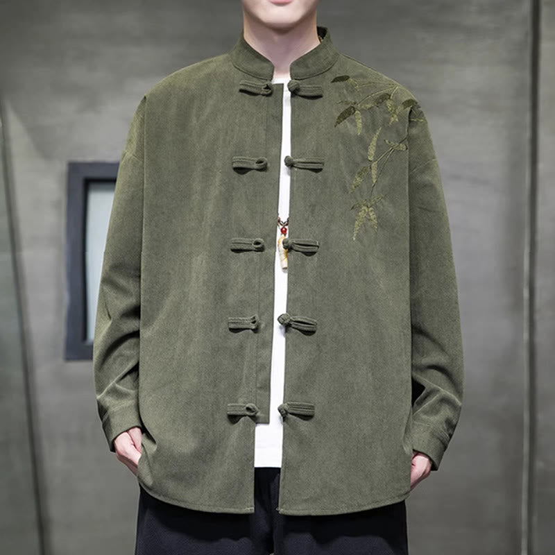 Chaqueta de pana de algodón de manga larga para hombre con bordado chino de bambú y Buddha Stones de primavera. - Verde oliva - US/UK/AU48，EU58(5XL) - image 0