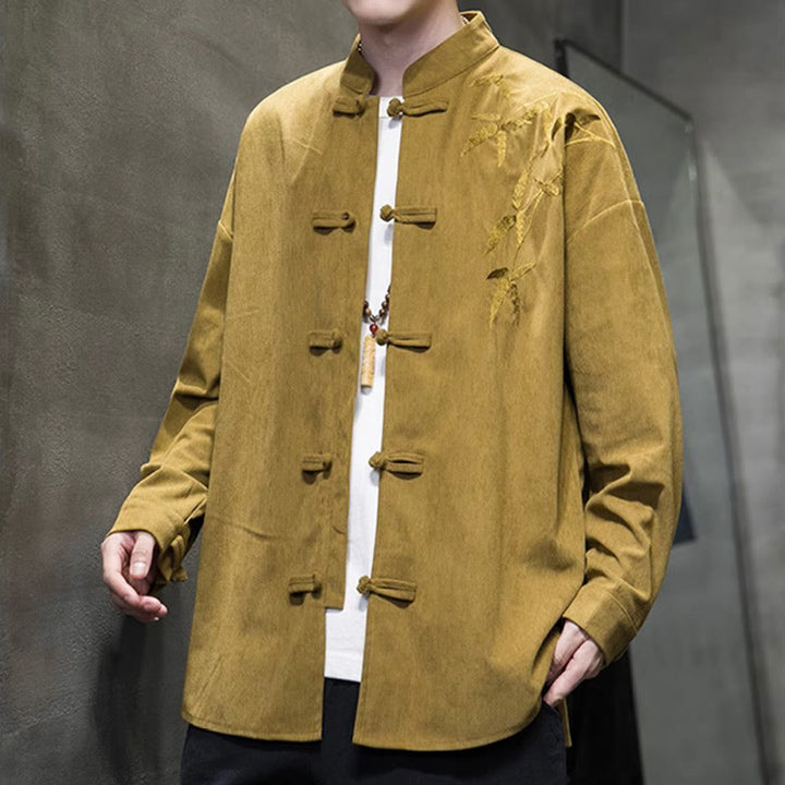 Chaqueta de pana de algodón de manga larga con botones de rana para hombre, bordada con Buddha Stones, estilo chino, de bambú, primavera - image 12