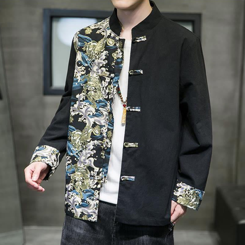 Chaqueta de algodón de manga larga para hombre con estampado de Buddha Stones, patrón de dragón en contraste de color y botones de rana. - image 12