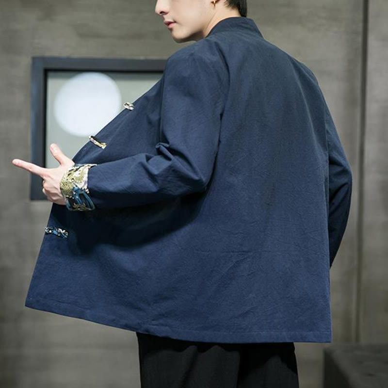 Chaqueta de algodón de manga larga para hombre con estampado de Buddha Stones, patrón de dragón en contraste de color y botones de rana. - image 25