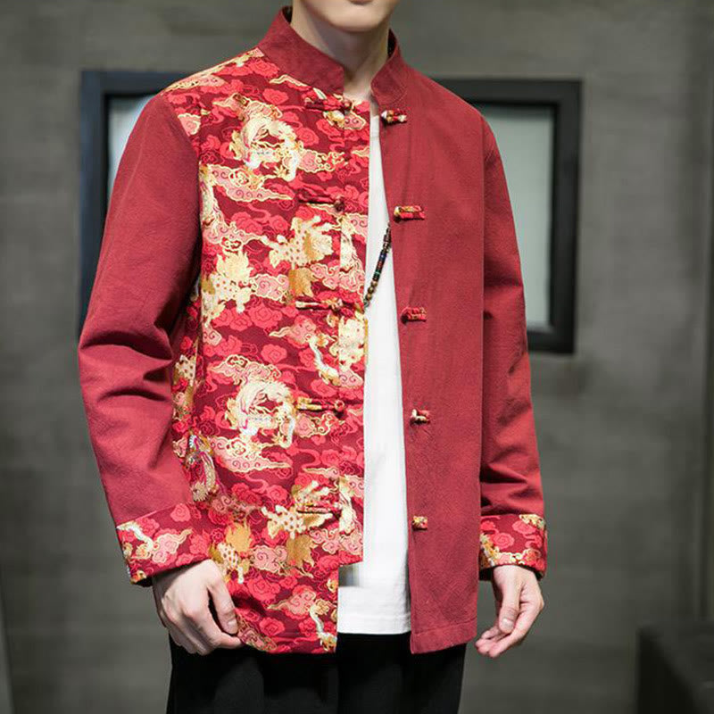 Chaqueta de algodón de manga larga para hombre con estampado de Buddha Stones, patrón de dragón en contraste de color y botones de rana. - image 3