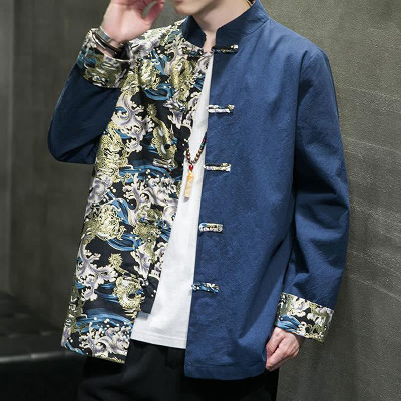 Chaqueta de algodón de manga larga para hombre con estampado de Buddha Stones, patrón de dragón en contraste de color y botones de rana. - image 26