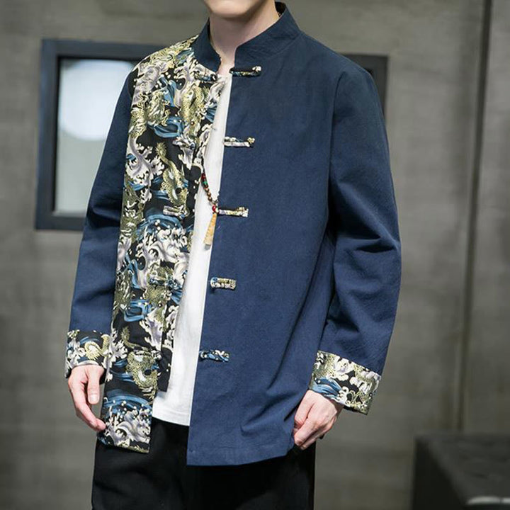 Chaqueta de algodón de manga larga para hombre con estampado de Buddha Stones, patrón de dragón en contraste de color y botones de rana. - image 22