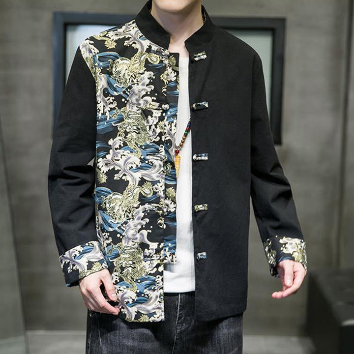 Chaqueta de algodón de manga larga para hombre con estampado de Buddha Stones, patrón de dragón en contraste de color y botones de rana. - image 13