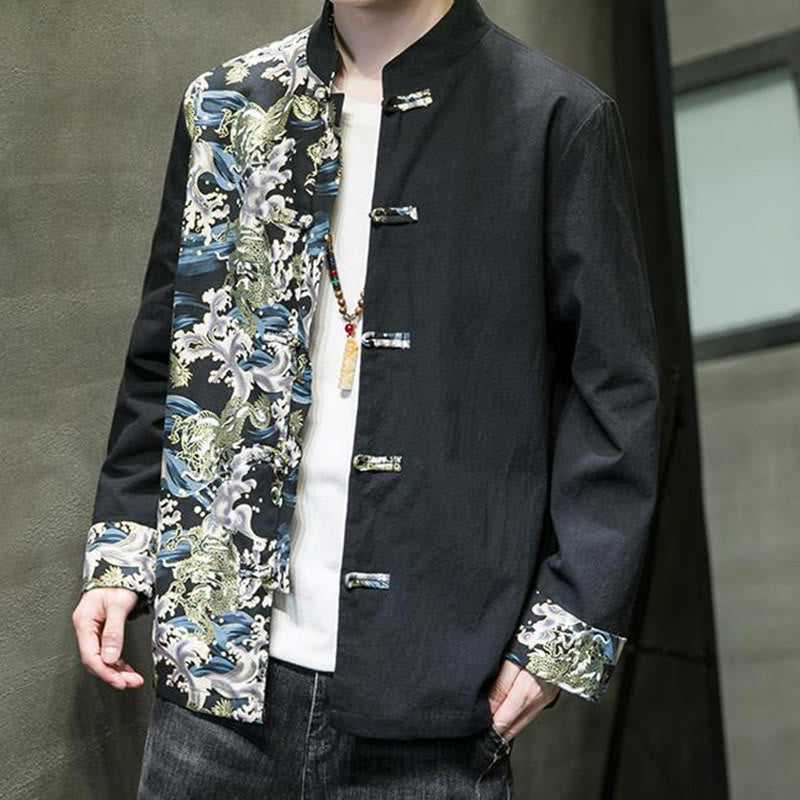 Chaqueta de algodón de manga larga para hombre con estampado de Buddha Stones, patrón de dragón en contraste de color y botones de rana. - image 16