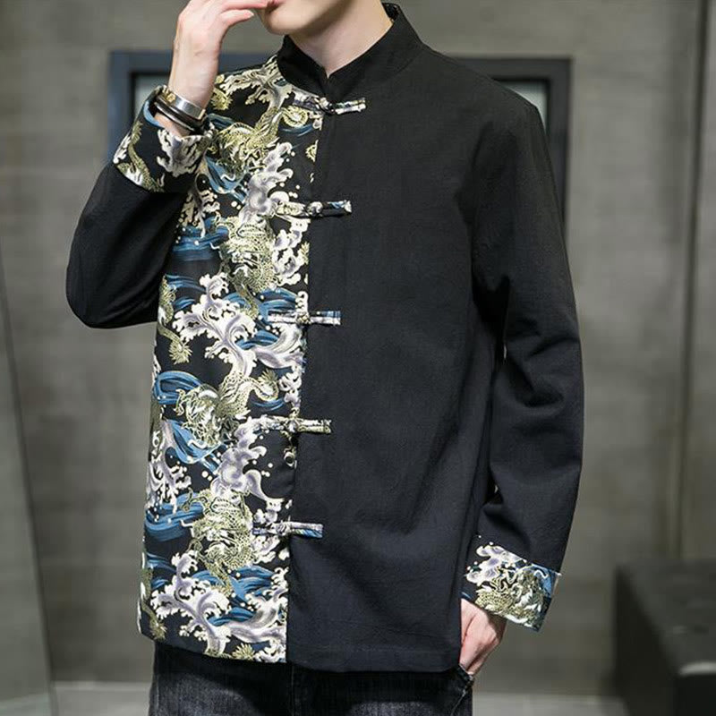 Chaqueta de algodón de manga larga para hombre con estampado de Buddha Stones, patrón de dragón en contraste de color y botones de rana. - image 15