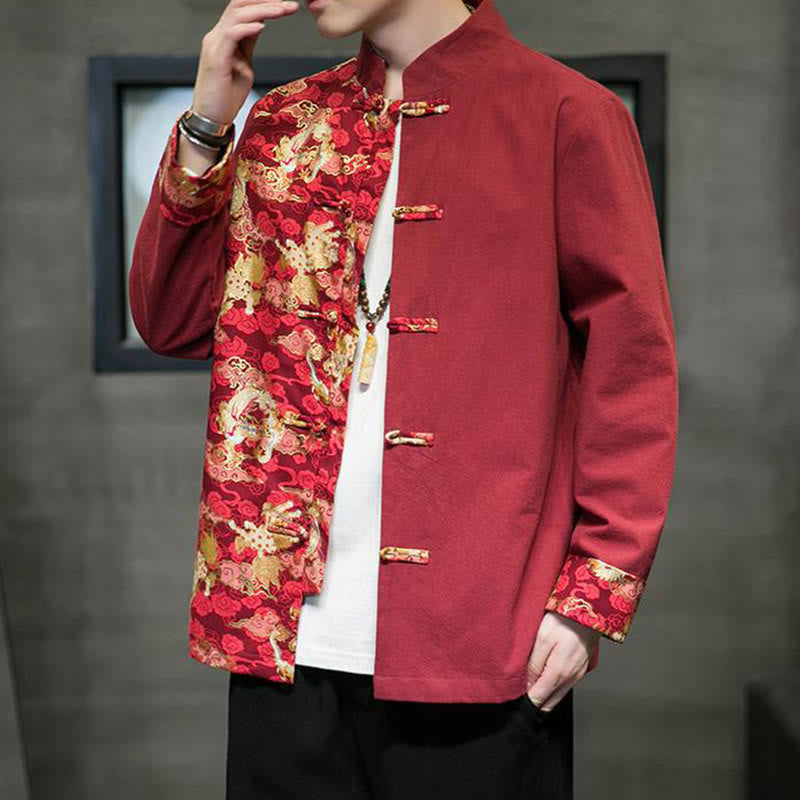 Chaqueta de algodón de manga larga para hombre con estampado de Buddha Stones, patrón de dragón en contraste de color y botones de rana. - image 4
