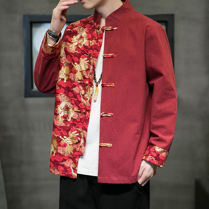 Chaqueta de algodón de manga larga para hombre con estampado de Buddha Stones, patrón de dragón en contraste de color y botones de rana. - image 4