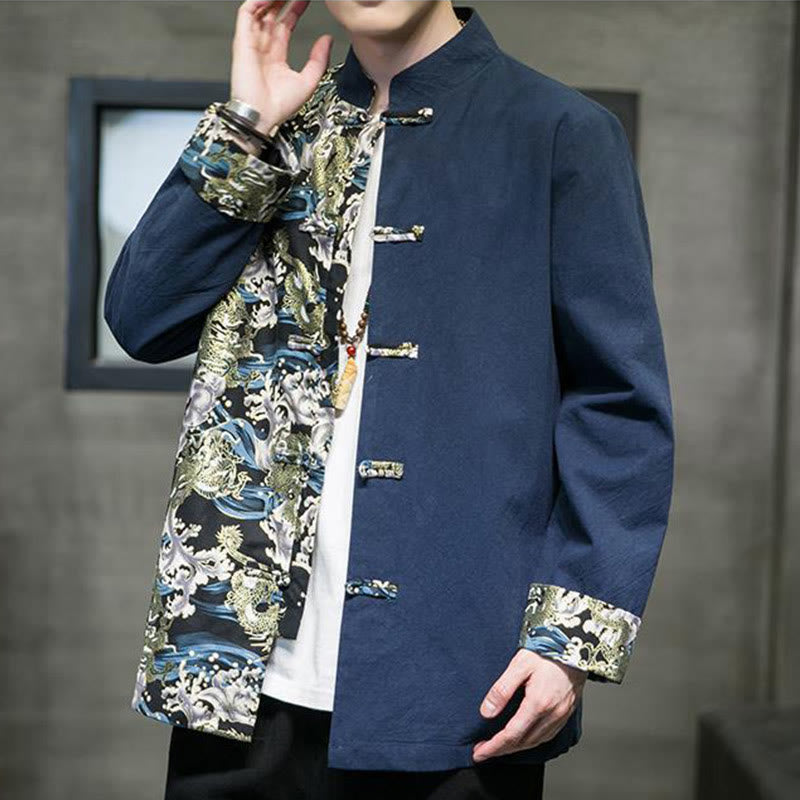 Chaqueta de algodón de manga larga para hombre con estampado de Buddha Stones, patrón de dragón en contraste de color y botones de rana. - image 24