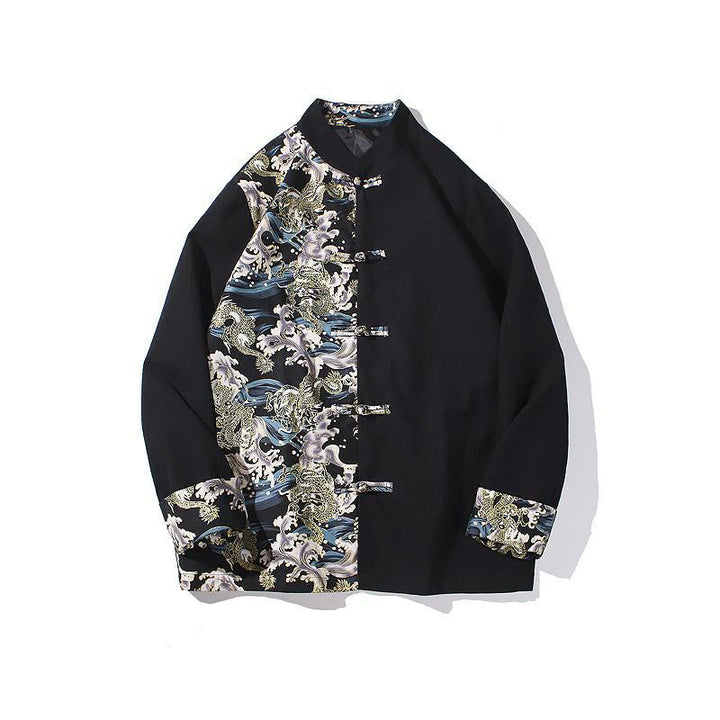 Chaqueta de algodón de manga larga para hombre con estampado de Buddha Stones, patrón de dragón en contraste de color y botones de rana. - image 20