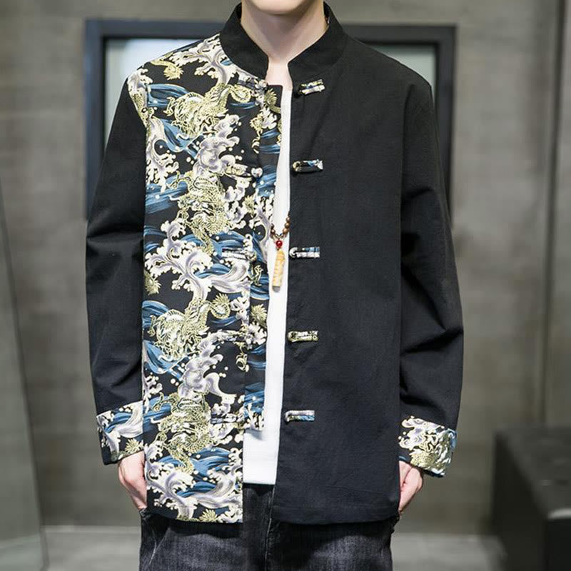 Chaqueta de algodón de manga larga para hombre con estampado de Buddha Stones, patrón de dragón en contraste de color y botones de rana. - image 11