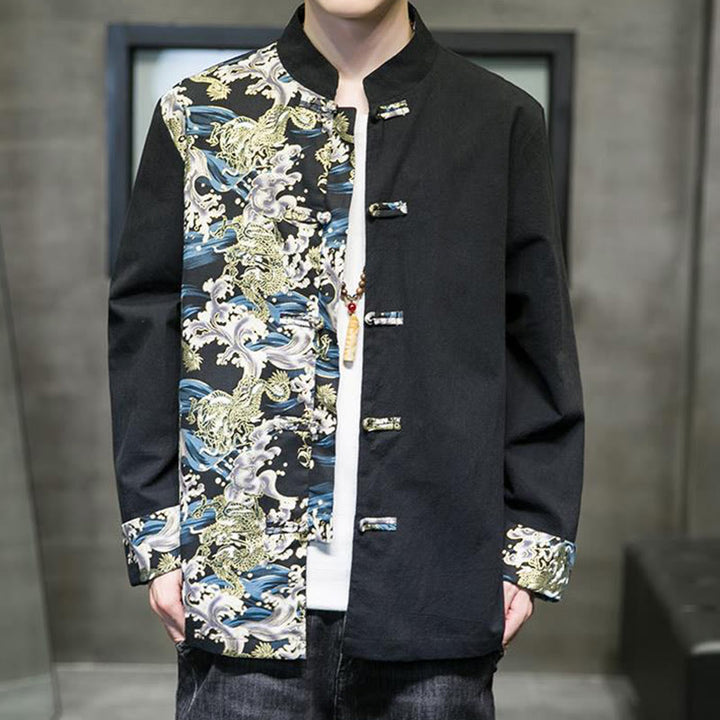 Chaqueta de algodón de manga larga para hombre con estampado de Buddha Stones, patrón de dragón en contraste de color y botones de rana. - image 11