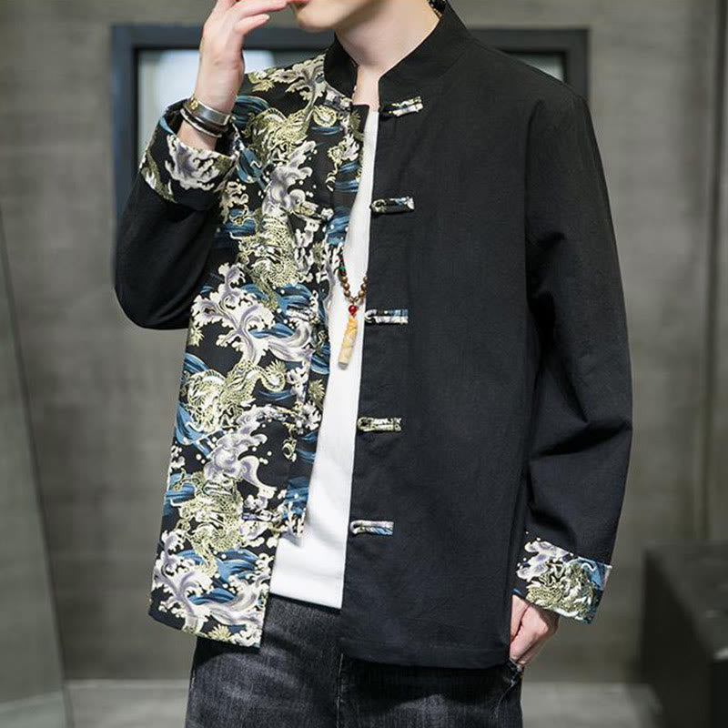 Chaqueta de algodón de manga larga para hombre con estampado de Buddha Stones, patrón de dragón en contraste de color y botones de rana. - image 10