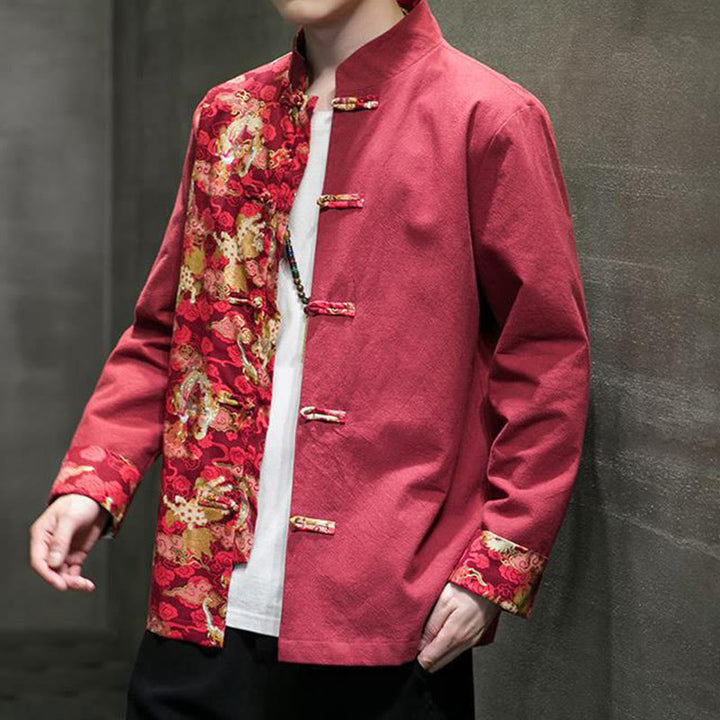 Chaqueta de algodón de manga larga para hombre con estampado de Buddha Stones, patrón de dragón en contraste de color y botones de rana. - image 8