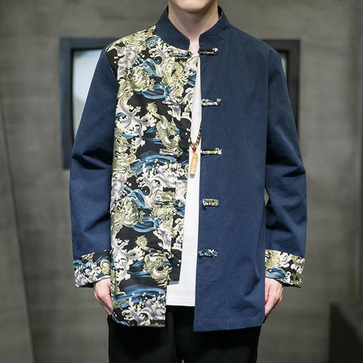 Chaqueta de algodón de manga larga para hombre con estampado de Buddha Stones, patrón de dragón en contraste de color y botones de rana. - image 23