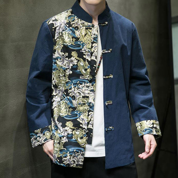 Chaqueta de algodón de manga larga para hombre con estampado de Buddha Stones, patrón de dragón en contraste de color y botones de rana. - image 27