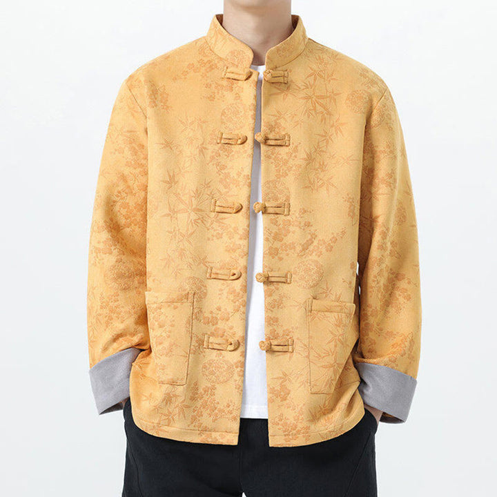 Chaqueta de algodón para hombre de manga larga con botones de bambú y estampado jacquard de otoño con Buddha Stones y bolsillos - image 0