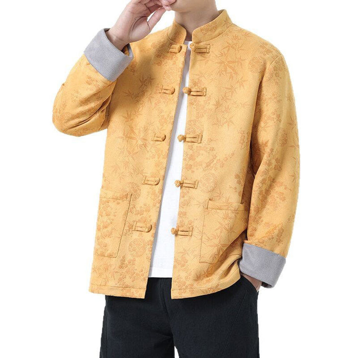 Chaqueta de algodón para hombre de manga larga con botones de bambú y estampado jacquard de otoño con Buddha Stones y bolsillos - image 4