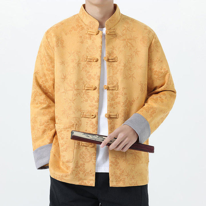 Chaqueta de algodón para hombre de manga larga con botones de bambú y estampado jacquard de otoño con Buddha Stones y bolsillos - image 2