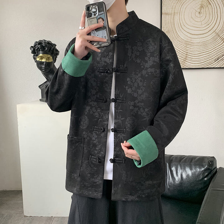 Chaqueta de algodón para hombre de manga larga con botones de bambú y estampado jacquard de otoño con Buddha Stones y bolsillos - Negro - US/UK/AU46, EU56 (5XL) - image 5