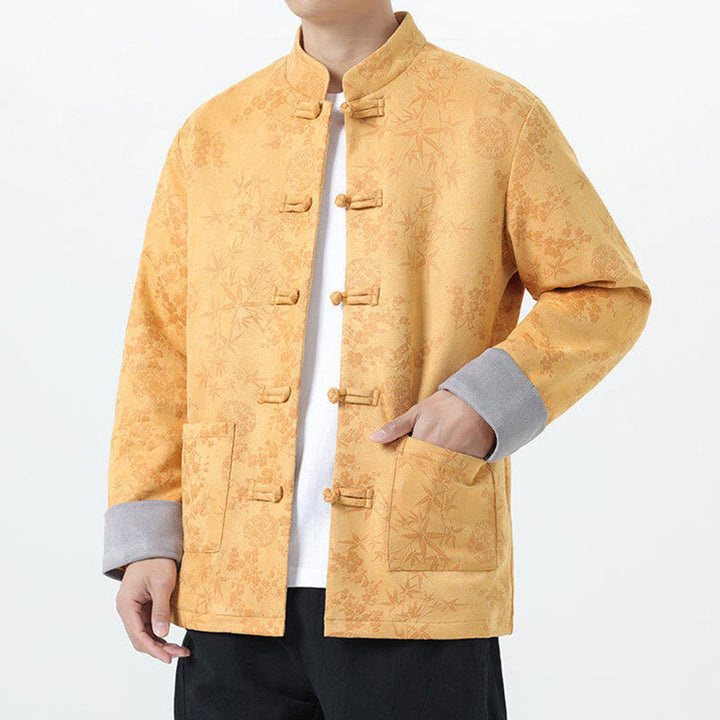 Chaqueta de algodón para hombre de manga larga con botones de bambú y estampado jacquard de otoño con Buddha Stones y bolsillos - image 3