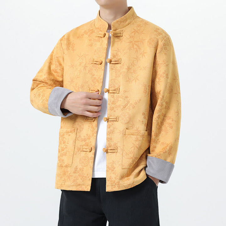 Chaqueta de algodón para hombre de manga larga con botones de bambú y estampado jacquard de otoño con Buddha Stones y bolsillos - Oro - US/UK/AU46, EU56 (5XL) - image 1