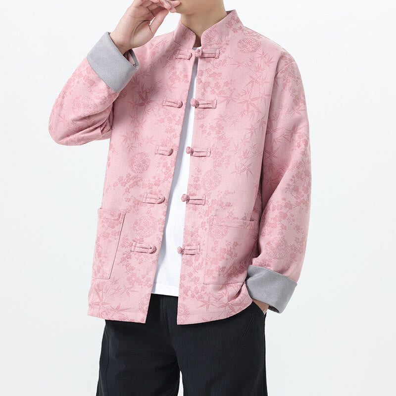 Chaqueta de algodón para hombre de manga larga con botones de bambú y estampado jacquard de otoño con Buddha Stones y bolsillos - Rosa - US/UK/AU46, EU56 (5XL) - image 9