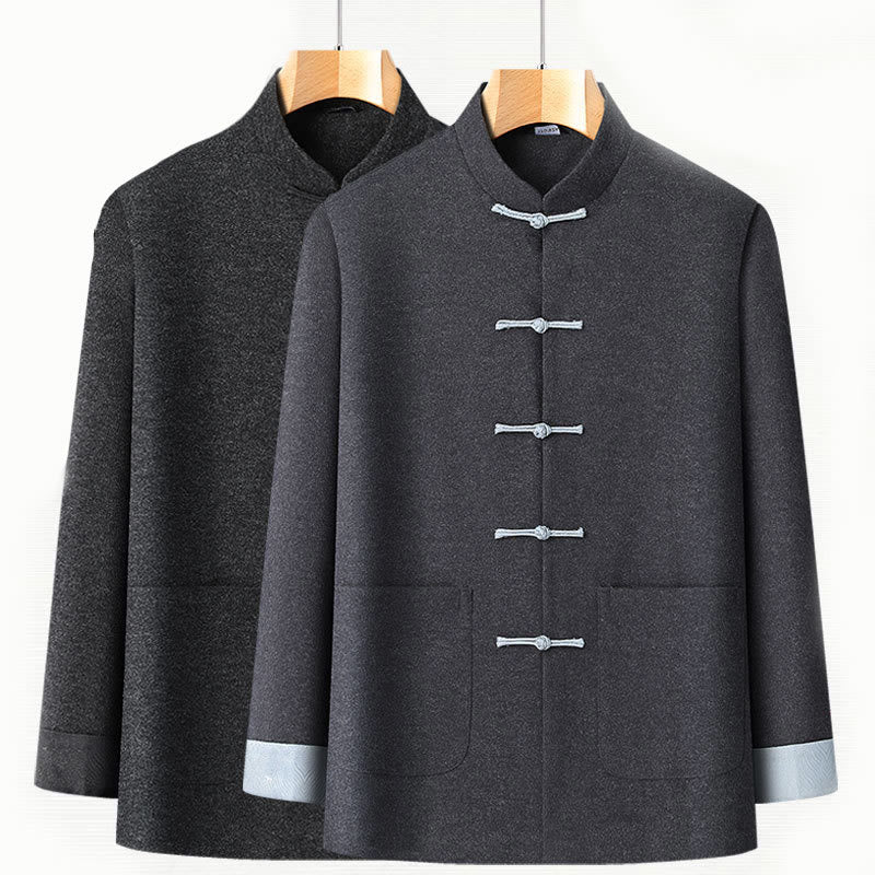 Chaqueta de traje de algodón Tang de manga larga con botones de rana, color liso, para hombre, de Buddha Stones, ideal para otoño, con bolsillos. - image 3