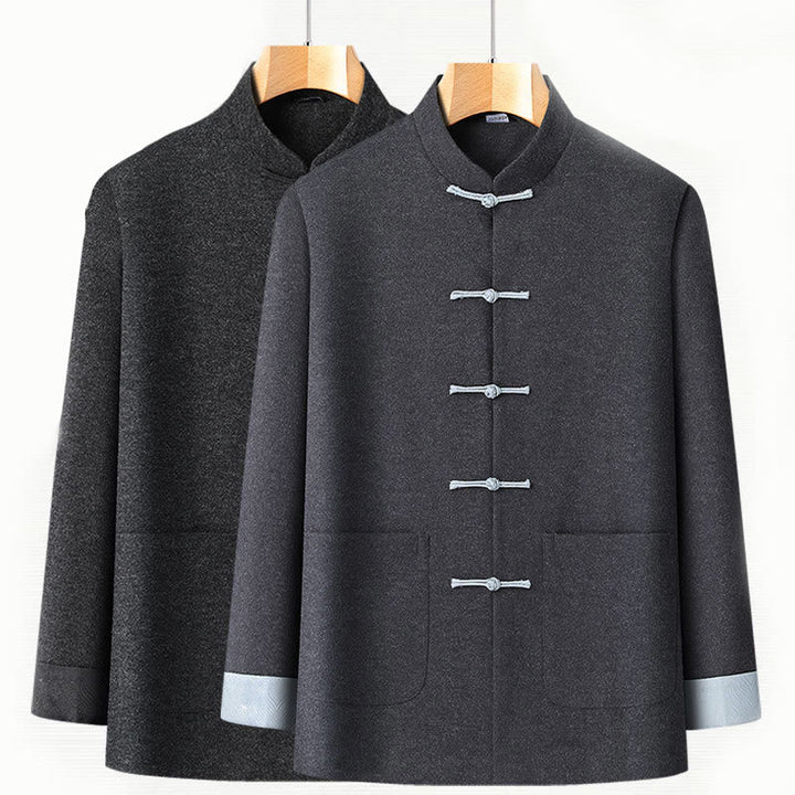 Chaqueta de traje de algodón Tang de manga larga con botones de rana, color liso, para hombre, de Buddha Stones, ideal para otoño, con bolsillos. - image 3