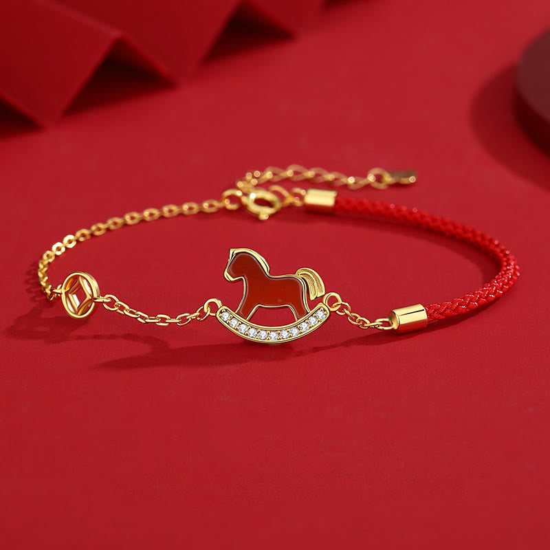 Pulsera Buddha Stones de plata de ley 925 con hilo rojo y ágata roja, símbolo del Año del Caballo. - Pulsera de caballo con hilo rojo - image 0