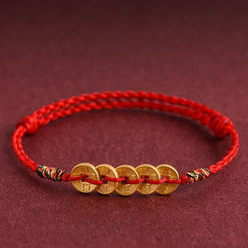 Pulsera tobillera protectora con diseño de cinco monedas de cobre y Buddha Stones, con cordón trenzado. - image 0
