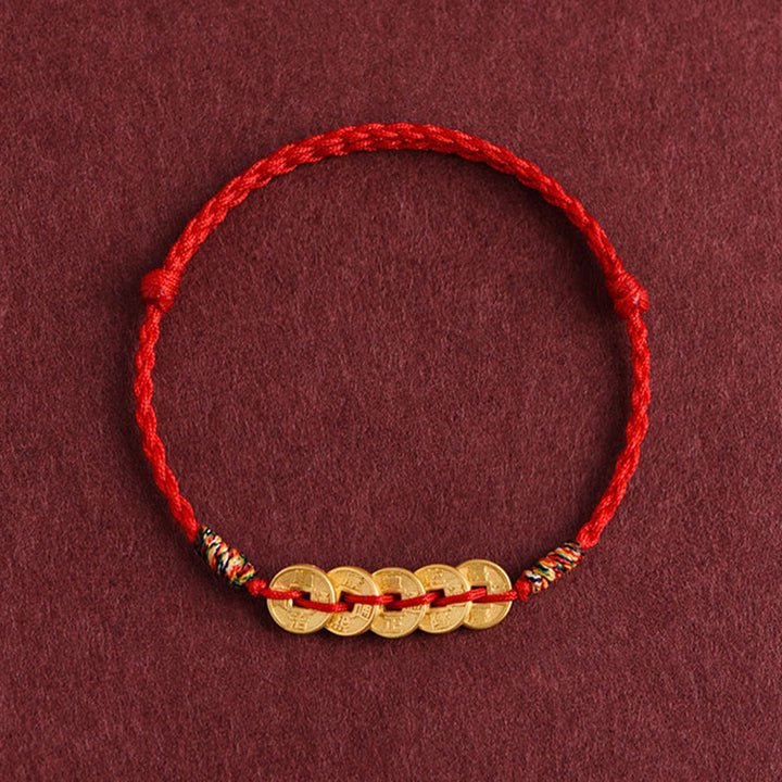 Pulsera tobillera protectora con diseño de cinco monedas de cobre y Buddha Stones, con cordón trenzado. - Tobillera roja - image 1