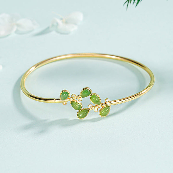 Pulsera protectora de jaspe verde con hojas grabadas y Buddha Stones en plata de ley 925 - image 0