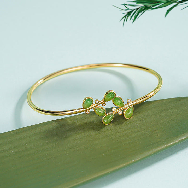 Pulsera protectora de jaspe verde con hojas grabadas y Buddha Stones en plata de ley 925 - Brazalete de plata de ley 925 - image 1