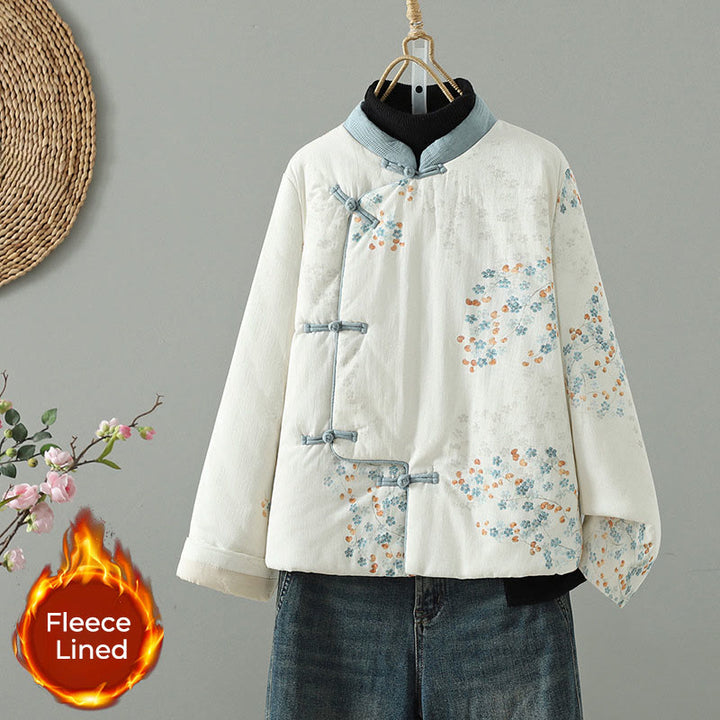 Chaqueta térmica de manga larga para mujer Buddha Stones con diseño de botón de rana y flor azul - Blanco - US8-10，UK/AU12-14，EU40-42 (2XL) - image 0