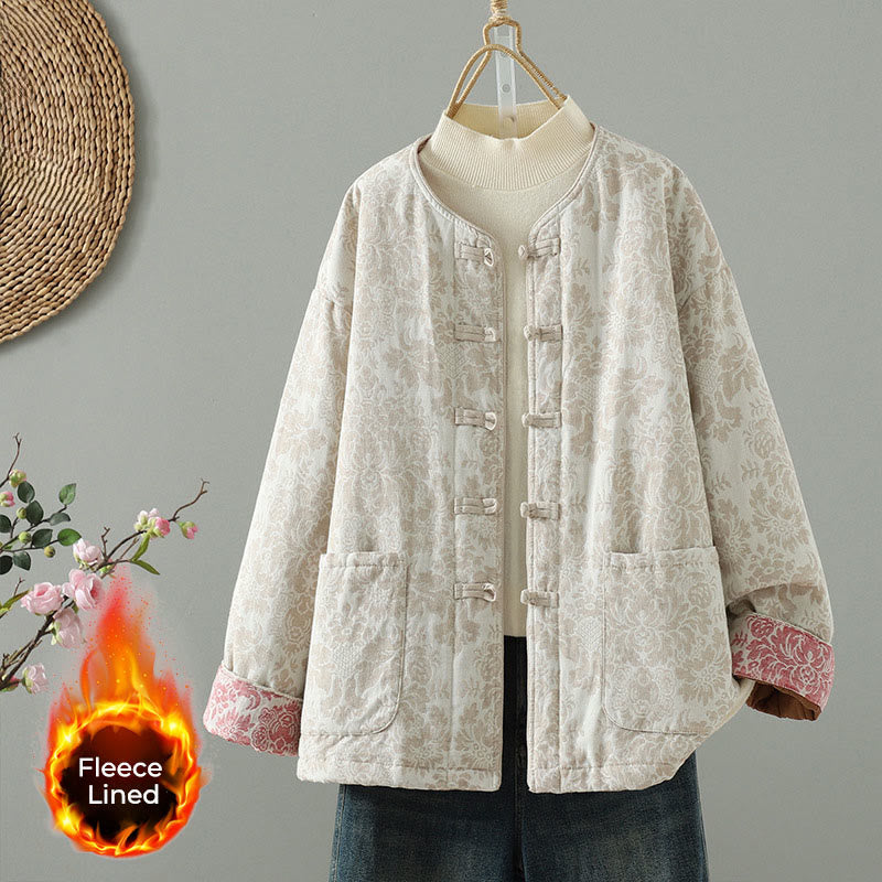 Chaqueta térmica de manga larga con diseño de peonías y botones de rana para mujer de Buddha Stones, con bolsillos - Concha - US8-10，UK/AU12-14，EU40-42 (2XL) - image 11