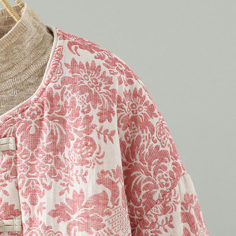 Chaqueta térmica de manga larga con diseño de peonías y botones de rana para mujer de Buddha Stones, con bolsillos - image 4