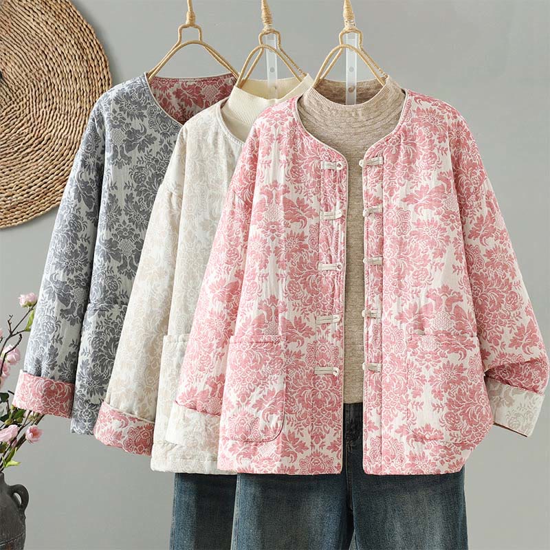 Chaqueta térmica de manga larga con diseño de peonías y botones de rana para mujer de Buddha Stones, con bolsillos - image 1