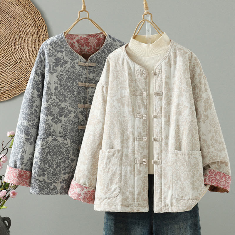 Chaqueta térmica de manga larga con diseño de peonías y botones de rana para mujer de Buddha Stones, con bolsillos - image 27