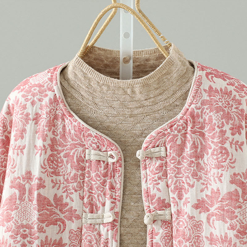 Chaqueta térmica de manga larga con diseño de peonías y botones de rana para mujer de Buddha Stones, con bolsillos - image 3